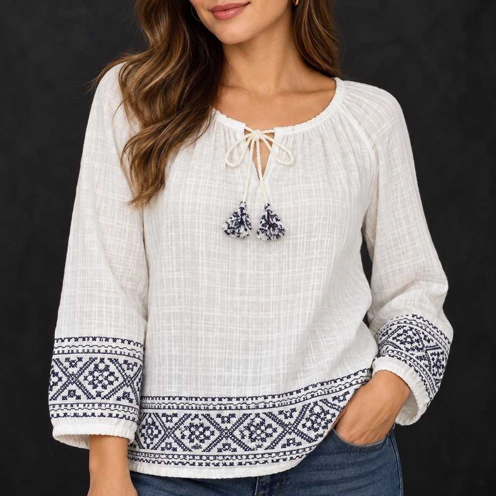 Democracy Womens L Embroidered Boho Peasant Cottagecore Festival Top Coastal